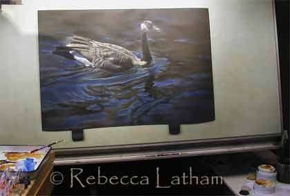 Canada Goose painting for Ducks Unlimited in progress by Rebecca Latham - in studio