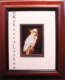 Sulphur Crested Cockatoo miniature watercolor painting by Rebecca Latham for Objects of Desire miniature and small works show at Miller Gallery in Cincinnati, Ohio Sulphur Crested Cockatoo miniature watercolor painting by Rebecca Latham for Objects of Desire miniature and small works show at Miller Gallery in Cincinnati, Ohio