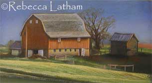 Miniature watercolor painting of a farm scene by Rebecca Latham