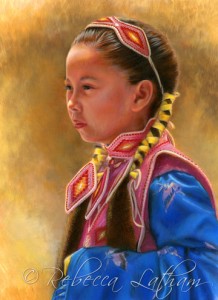 Watercolor portrait of a young Native American girl in full costume.